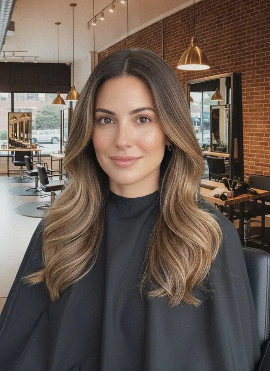 After: long hair with balayage, a dark root melting into warm caramel ends in loose waves