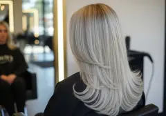 Long icy-blonde hair blown out smooth after a toner
