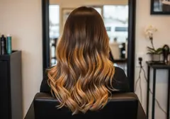 Lived-in balayage melting from a dark root into warm honey ends
