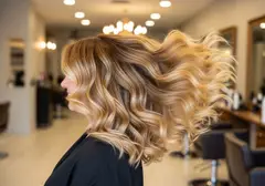 A big bouncy blowout on long blonde hair, caught mid-movement