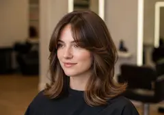 Soft curtain bangs parted in the middle and swept away from the face