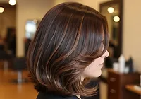 A shoulder-length chocolate-brown cut with warm caramel ribbons, seen in profile