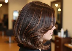 A shoulder-length chocolate-brown cut with warm caramel ribbons, seen in profile