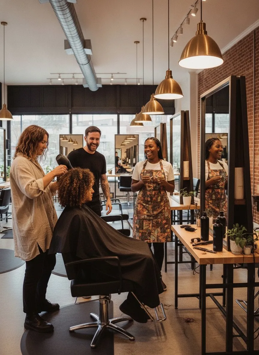Stylists laughing together at neighboring stations while one blow-dries a client, in the brick salon