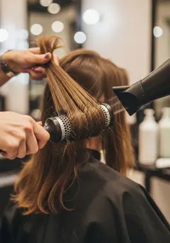 A stylist working a large round brush and dryer through a section of hair