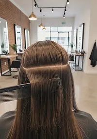 A comb drawn through a finished install to show the blend, with no seam visible
