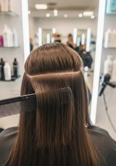 A comb drawn through a finished install to show the blend, with no seam visible