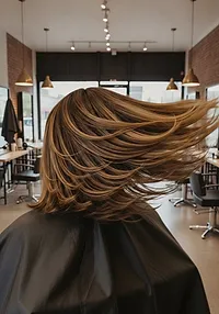 Long extension hair caught mid-swing, cut into soft layers so it moves