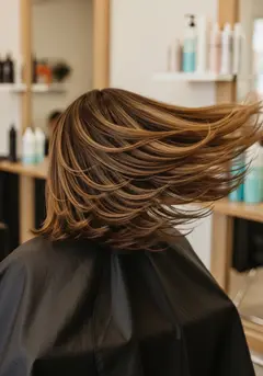 Long extension hair caught mid-swing, cut into soft layers so it moves