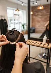 A stylist hand-sewing a weft onto a beaded row at the back of the head
