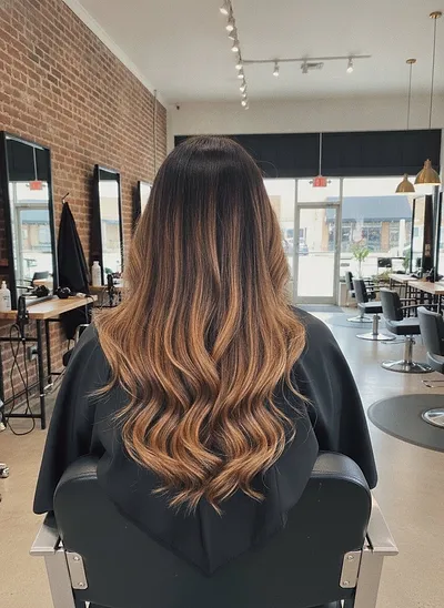 Long balayage from behind: dark roots blending into caramel waves
