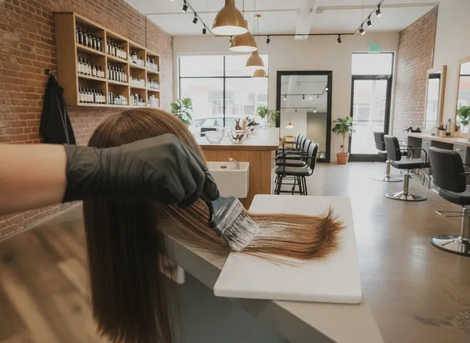 A gloved hand painting lightener onto a section of brown hair on a balayage board