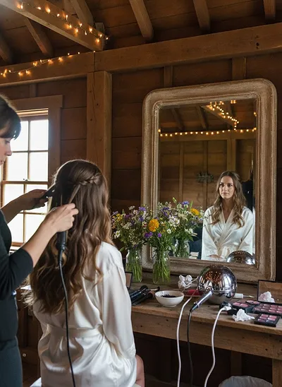 A stylist finishing a bride's half-up braid and waves in a rustic barn, with wildflowers and string lights around a wooden mirror