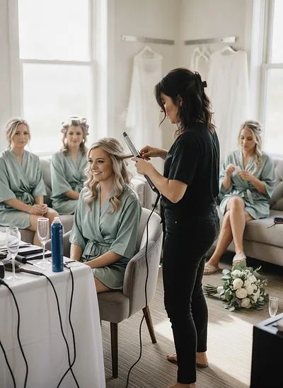 A stylist curling a bride's hair as bridesmaids in sage robes wait on the couch in a bright getting-ready room