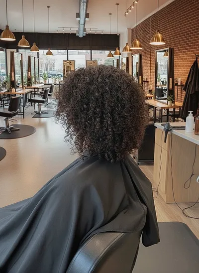 Shoulder-length dark curls from behind, cut to keep their shape
