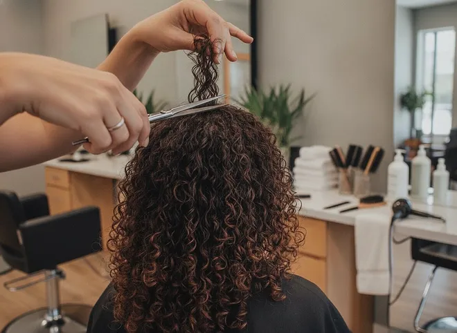 A stylist trimming a single dry curl on a head of brown spiral curls