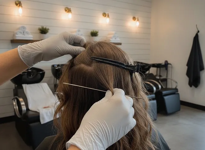 Gloved hands sectioning brown hair at the back of the head for a weft row
