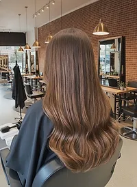 Long, full brown hair from behind after a hand-tied weft install