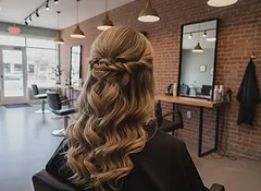 A client at a wood-framed mirror with a polished low bun and a sheer pearl-edged veil attached beneath it, seen from behind