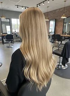 A gloved stylist lifting the top layer of long light-brown hair to show a row of flat tape-in extensions underneath