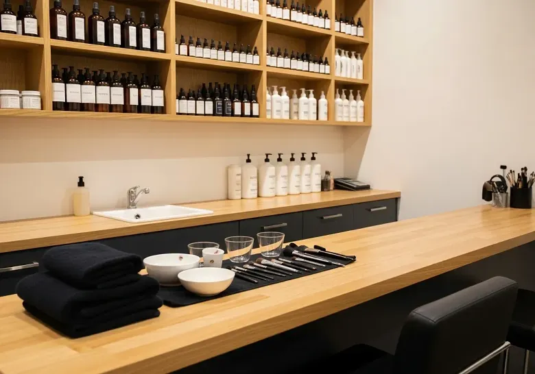 The color bar: shelves of bottles over a wooden counter with mixing bowls and tint brushes
