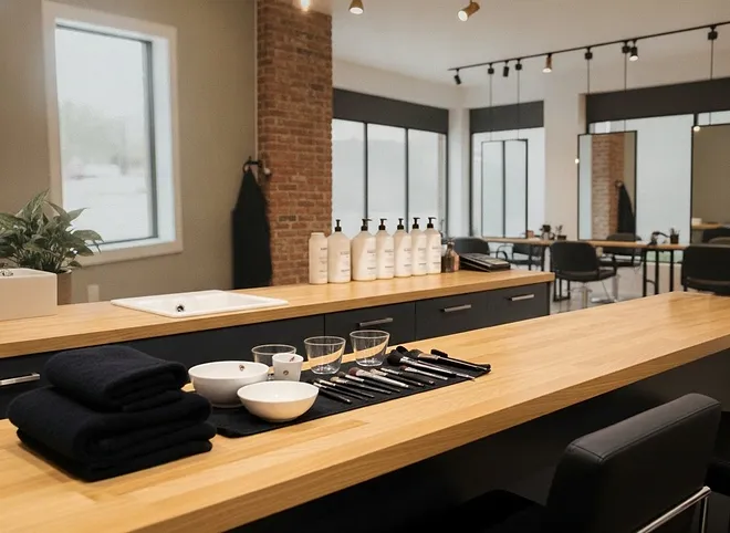 The color bar: mixing bowls, tint brushes, foils and bottles on a wooden counter