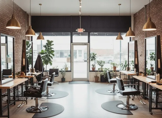 The front desk: a wooden counter with a tablet and a notebook, the styling floor behind it