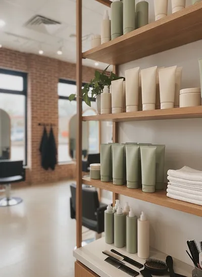 Wooden retail shelves stocked with sage and cream hair care bottles and tubes