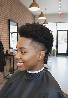 A short tapered natural cut on tight coils, rounded and evenly shaped