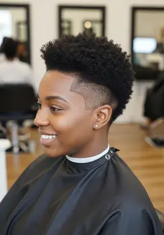 A short tapered natural cut on tight coils, rounded and evenly shaped