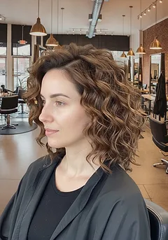 A shaped curly cut with defined, separated curls and volume at the crown