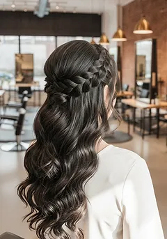 A bridal half-up style with a braided crown over brushed-out waves