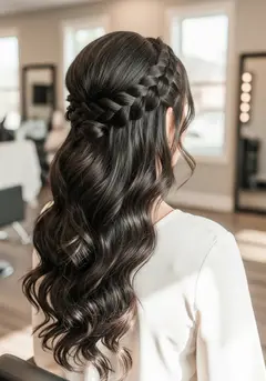 A bridal half-up style with a braided crown over brushed-out waves