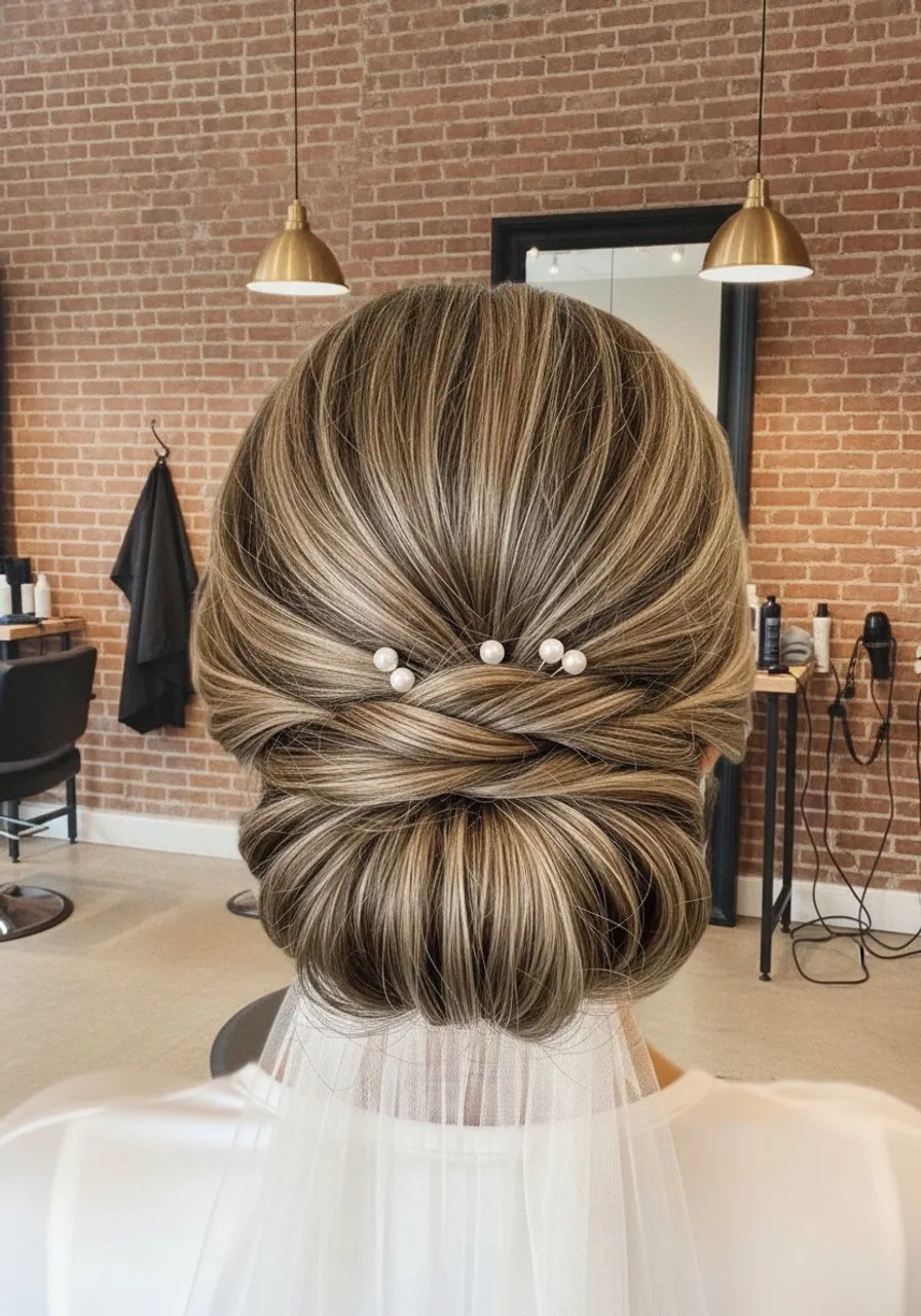 A polished bridal low chignon with pearl pins set into the twist
