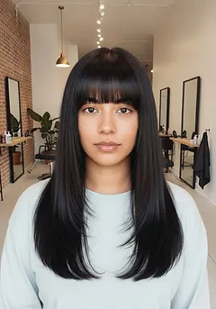 A dense blunt fringe cut level to the brow on long straight dark hair