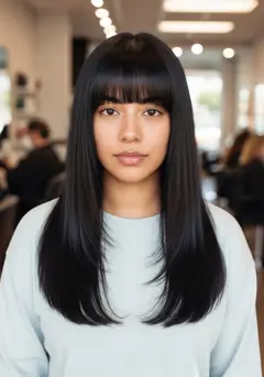 A dense blunt fringe cut level to the brow on long straight dark hair