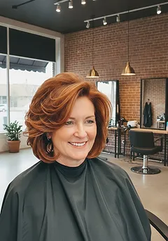 Big brushed-out set curls on copper-red hair with real lift at the root