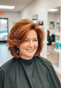 Big brushed-out set curls on copper-red hair with real lift at the root