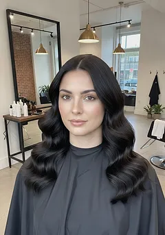 Glossy old-Hollywood waves set into long dark hair and brushed to a satin finish