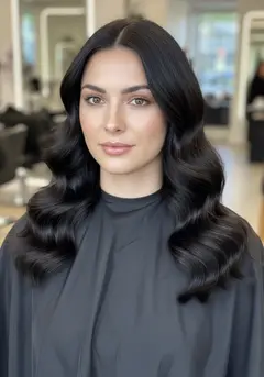Glossy old-Hollywood waves set into long dark hair and brushed to a satin finish