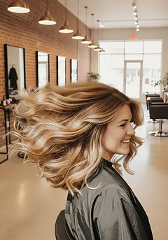 A big bouncy blowout on long blonde hair with movement through the lengths
