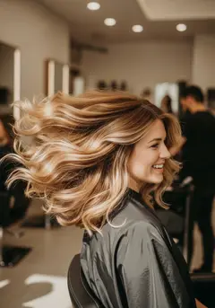A big bouncy blowout on long blonde hair with movement through the lengths