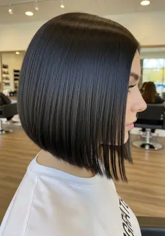 A sharp blunt chin-length bob with a razor-clean baseline