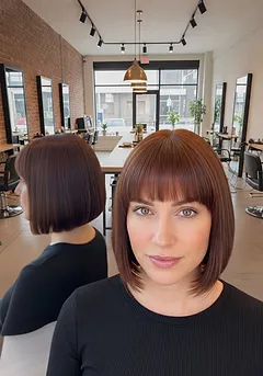 A French bob just below the ear with a soft blunt fringe cut to the brow