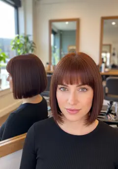 A French bob just below the ear with a soft blunt fringe cut to the brow