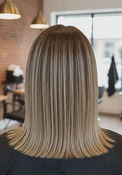 A one-length collarbone lob with an even baseline, shown from the back