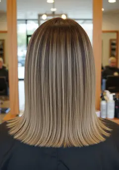 A one-length collarbone lob with an even baseline, shown from the back