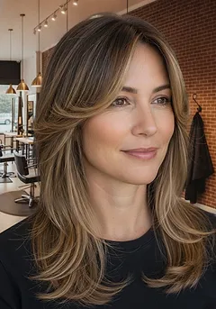 Soft face-framing pieces cut into long hair and swept back off the face