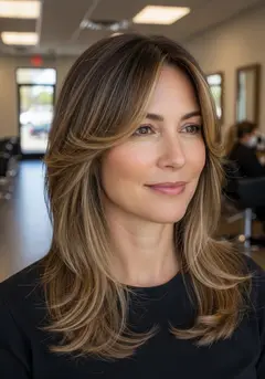 Soft face-framing pieces cut into long hair and swept back off the face
