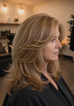 Fine hair cut into soft long layers and blow-dried for lift at the root